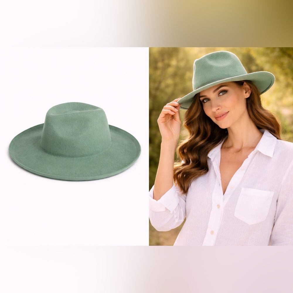 NWT 100% Wool Sage/Seafoam Green Adjustable‎ Wide Downturned Brim Hat Fedora